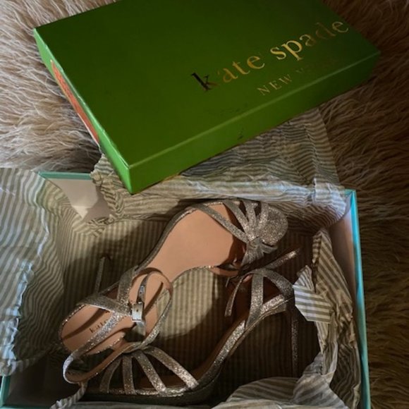 Kate Spade Size 9.5 Florence Silver Glitter Strap Heels - Picture 2 of 10